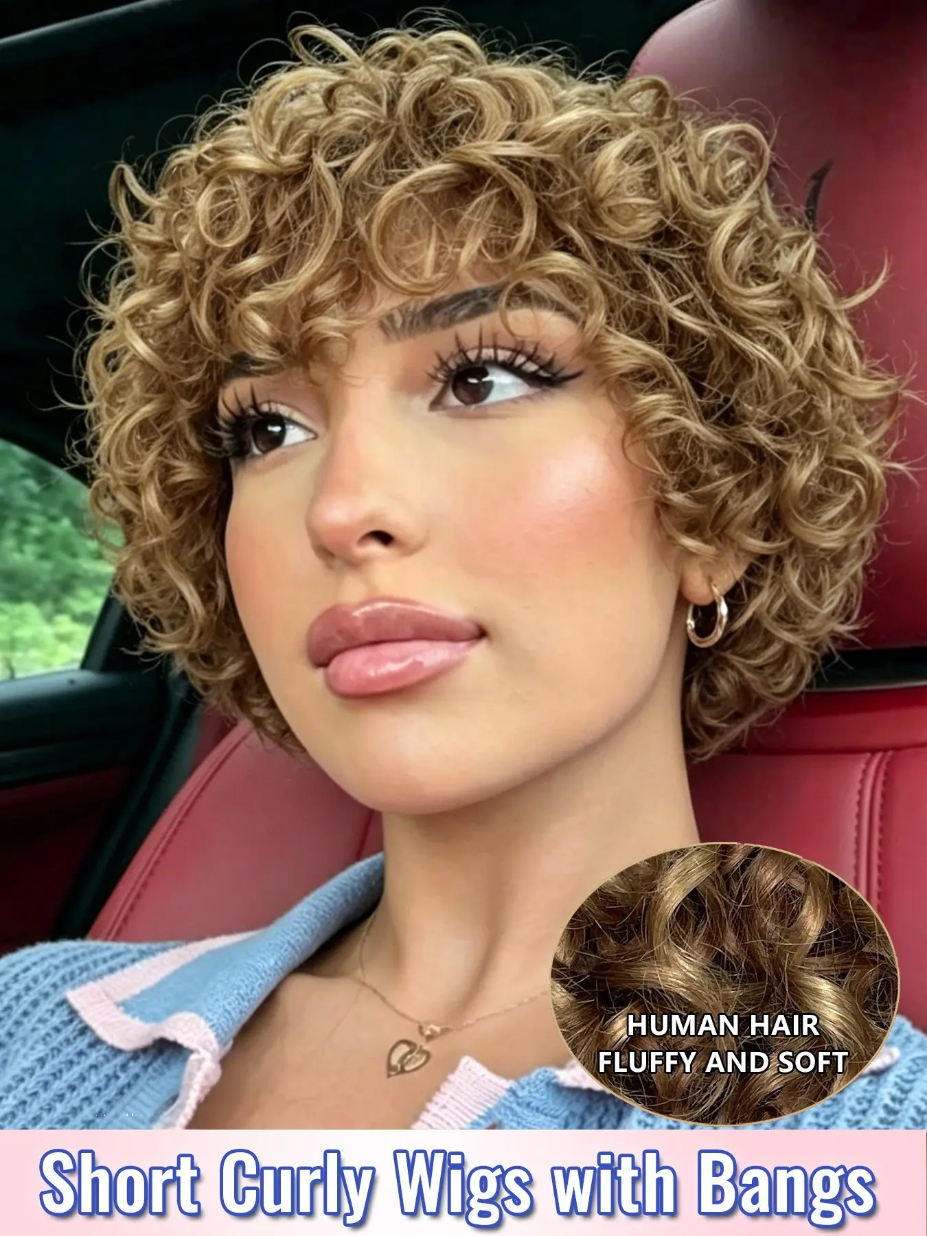 Honey Golden Brown Real Human Hair Curly Wig with Bangs, Short Loose Curly Wig, Full Machine Made No Lace Wig, Soft Fluffy Curls, Natural Volume, Adjustable Cap for Women, Daily Use Wig