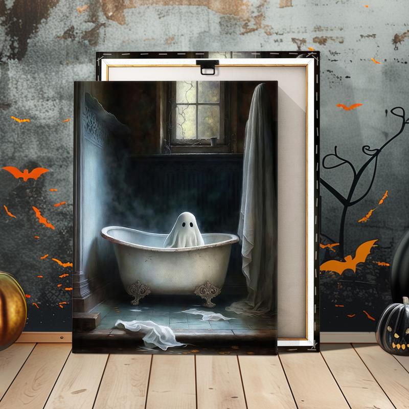 Ghost in The Bathtub Pattern Canvas Painting Framed, 1 Count Halloween Themed Modern Wall Art Painting, Wall Art Decor for Home Living Room Bedroom Office