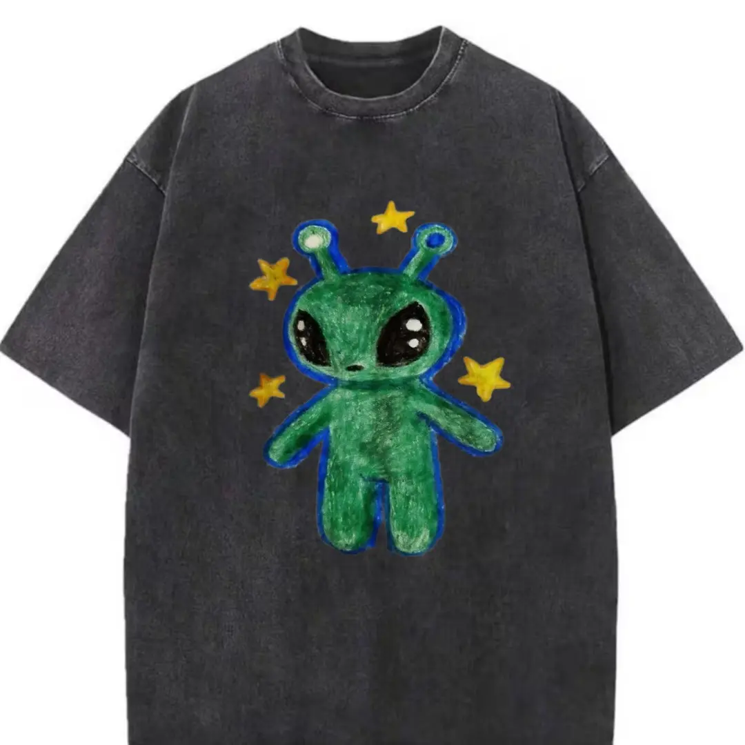 Cute Alien Unisex Vintage Washed Tee, Unisex Vintage Washed Tee, Vintage Coloful Tee - Oversized Shirt - Natural & Animal Planet Unisex Streetwear Casual Prints Top 100% Cotton 180gsm