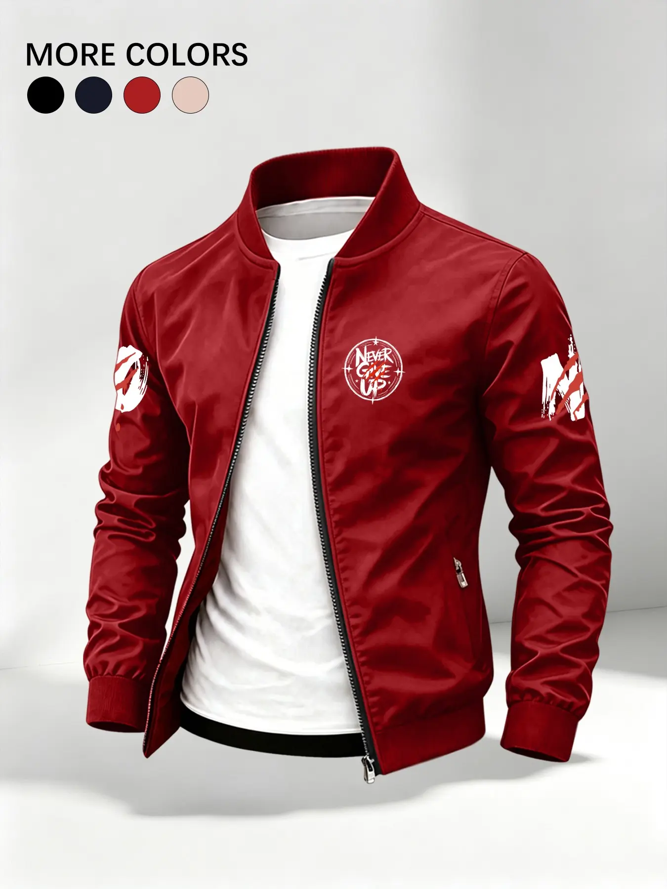 Men's Stand Collar Baseball Flight Jacket, American Casual Trendy Style, Motivational Letter Print, Zipper Windproof Design, Multicolor Outdoor Coat, Lightweight Jackets