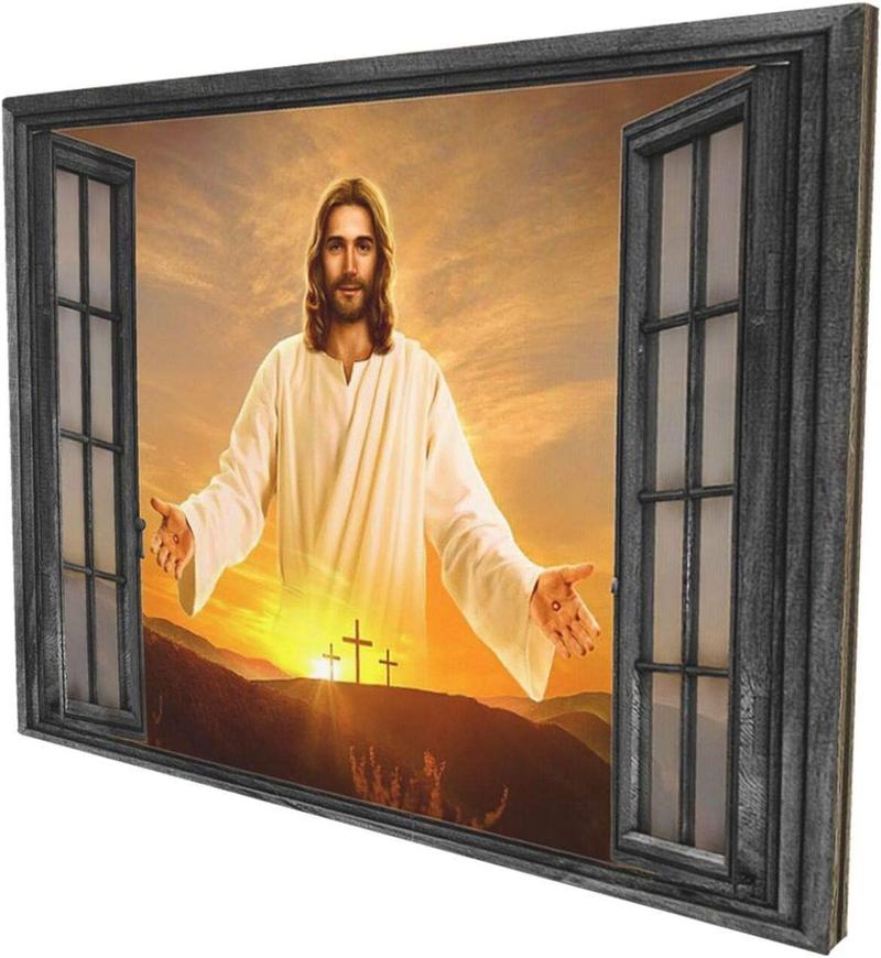 1 Count Jesus Christ Canvas Wall Art Jesus Greets You Welcome Back Window View Sunset Poster Christian Religious Modern Artwork Christ Spiritual Prints Framed Wall Decor For Bedroom Living Room 16x24inch