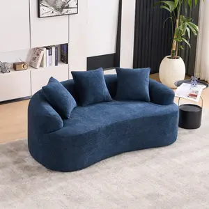 (Old Sku: W2231P261298) Curved Loveseat Compression Sponge Sofa,30D High Resilience Boneless,Chenille,No-Assembly Sofa for Small Spaces & Apartments, Blue,65"L, 300 lbs, 3 Pillows
