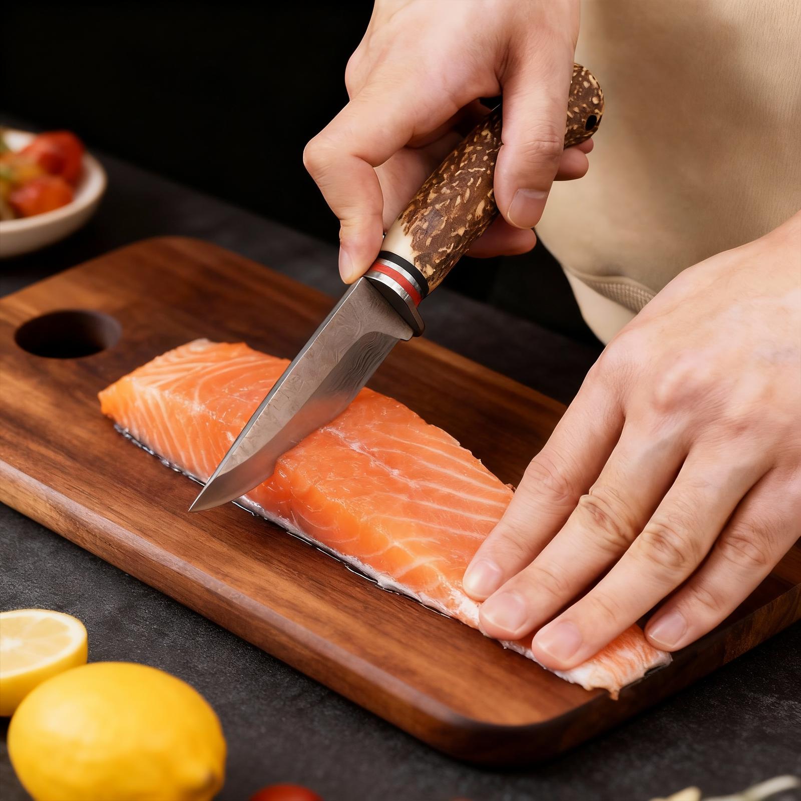 Damascus Pattern Kitchen Knife Chef Knife Steak Knife Razor Sharp Stainless Steel Meat Slicing Cleaver 8.3" Knife with Leather Sheath & Gift Box BBQ Cooking Utility Knife Non-Slip Faux Antler Stag Handle for Beef Tomahawk Fish Veggies Gift for Men Women