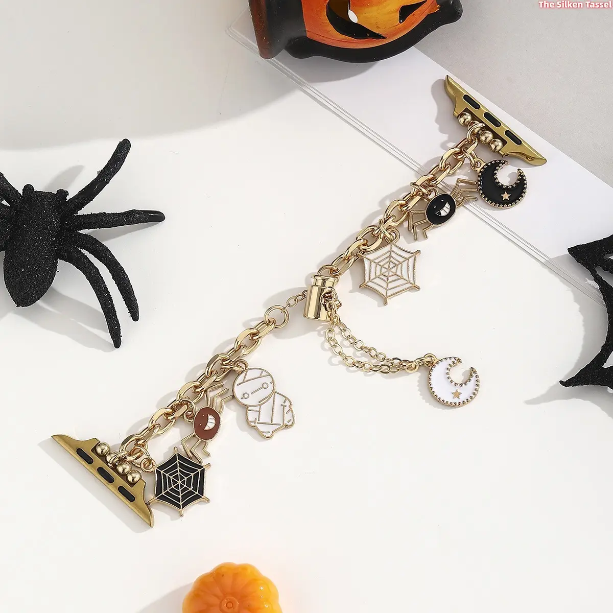 Cute Gothic Halloween Dangle Chain Watch Strap for Apple Watch All Sizes Ultra 2 SE Series 1-11, Spider Web Mummy Moon Enamel Charm Decorative Jewelry Bracelet Girly Smart Watch Accessory (Watch Band Only, Not For Sports) tiktokshopbacktoschool