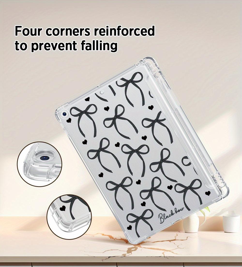 Bow & Heart Pattern Clear Tablet Case with Built-in Pencil Holder, Soft TPU, for iPad Air 4/5/6, iPad Pro 11 2024, iPad Mini 4/5/6/7, iPad 10th Gen, iPad 9/8/7 Series. Shockproof, Portable, One-Side Protection, Easy to Carry Outdoor.