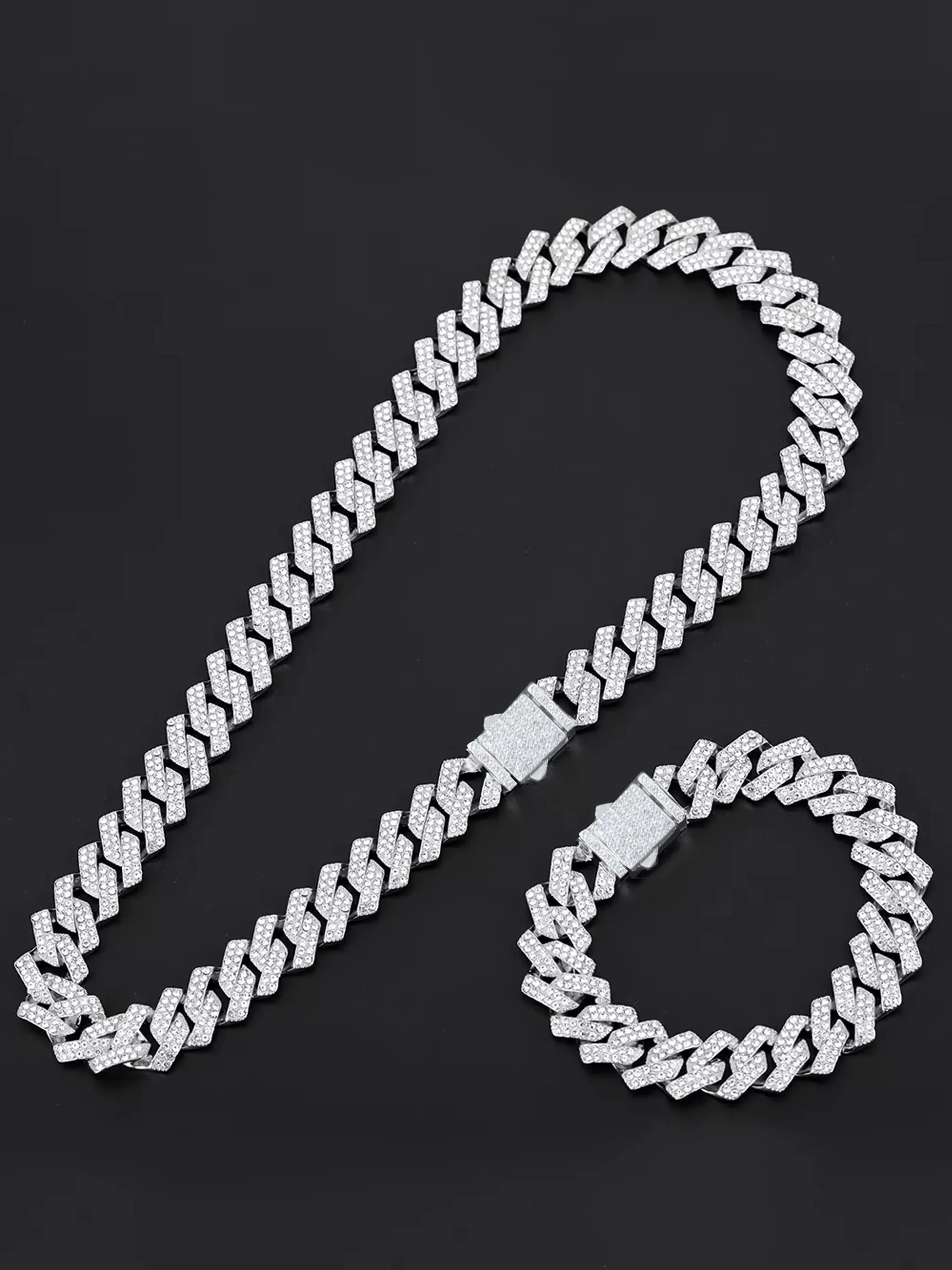 Hip Hop Rapper Cuban Chain Necklace Bracelet Set, Iced Out Punk Paved Rhinestone, Men's African Jewelry for Nightclub Parties, Music Festivals Cuban Link Set