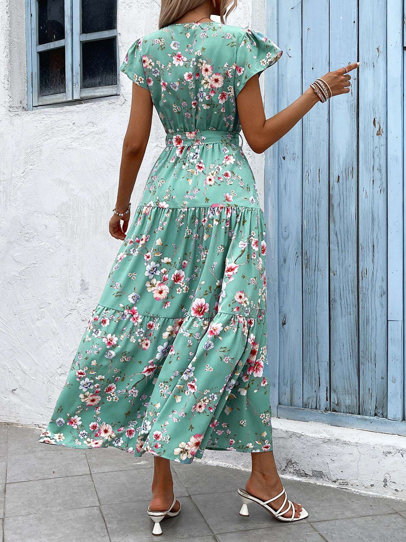 YOZY Floral Print Butterfly Sleeve Dress, Boho Fashion Wrap V Neck Cap Sleeve Belted Tiered Ruffle Long A Line Dress, 2024 Women's Beach Holiday Vacation Wear for Spring & Summer