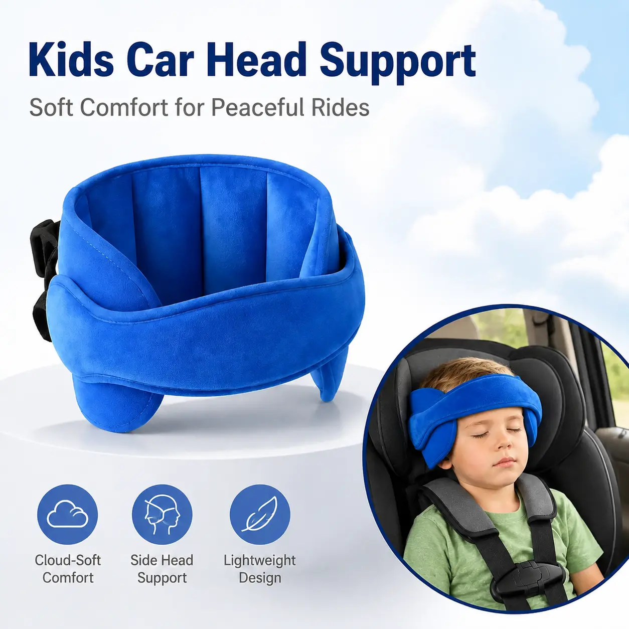 Kids Car Seat Head Support Strap, Soft Plush Adjustable Nap Support Band with Padded Side Cushions, Portable Travel Headrest Accessory for Toddlers and Children, Blue Pink Gray-YY0