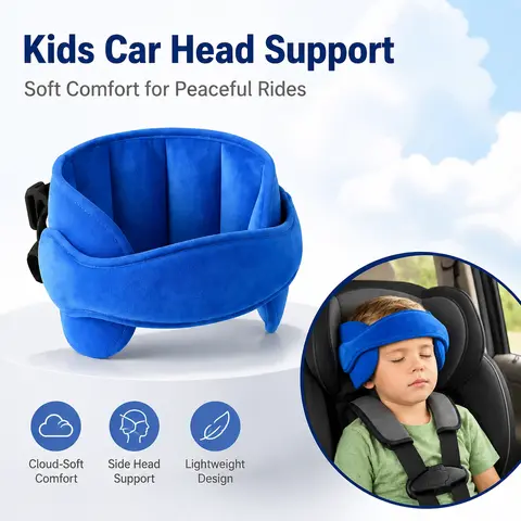 Kids Car Seat Head Support Strap, Soft Plush Adjustable Nap Support Band with Padded Side Cushions, Portable Travel Headrest Accessory for Toddlers and Children, Blue Pink Gray-YY0