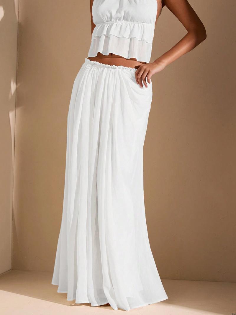 Date Beach Holiday , Women For Maxi Slit High Ruched Asymmetric White BAE tiktok White Skirt Vacation