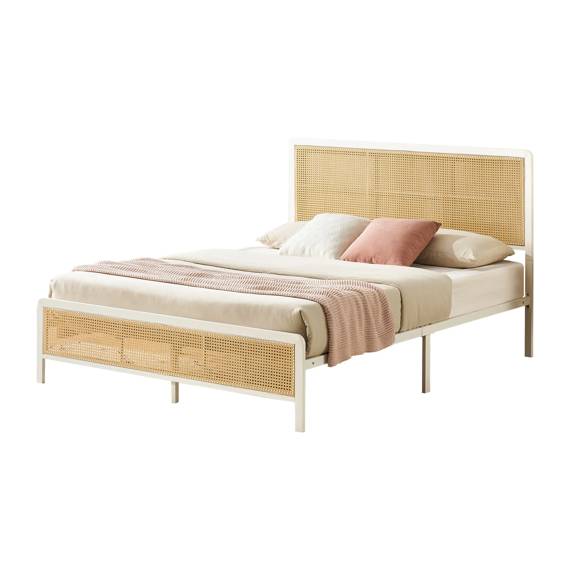 Boho Rattan Platform Bed Frame with Optional RGB LED Headboard, Full/Queen Metal Bed Frame with Cane-Style Headboard & Footboard, 800 lb Support, Noise-Free Strips, 11" Under-Bed Storage, No Box Spring Needed for Bedroom, Apartment, White/Black