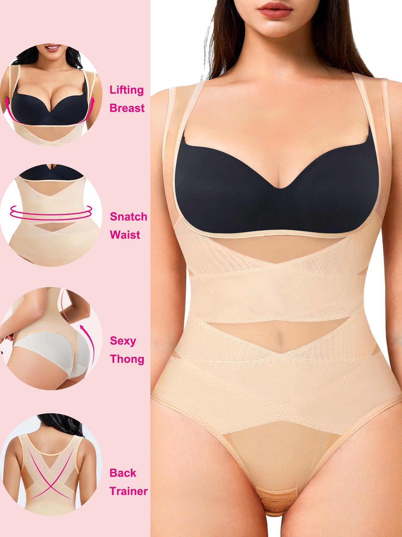 Women's Solid Color Hook-Eye Crotch Design Shapewear Bodysuit, Tummy Control High Stretch Shaper, Women's Shapewear for Daily Wear, Body Sculpting Compression