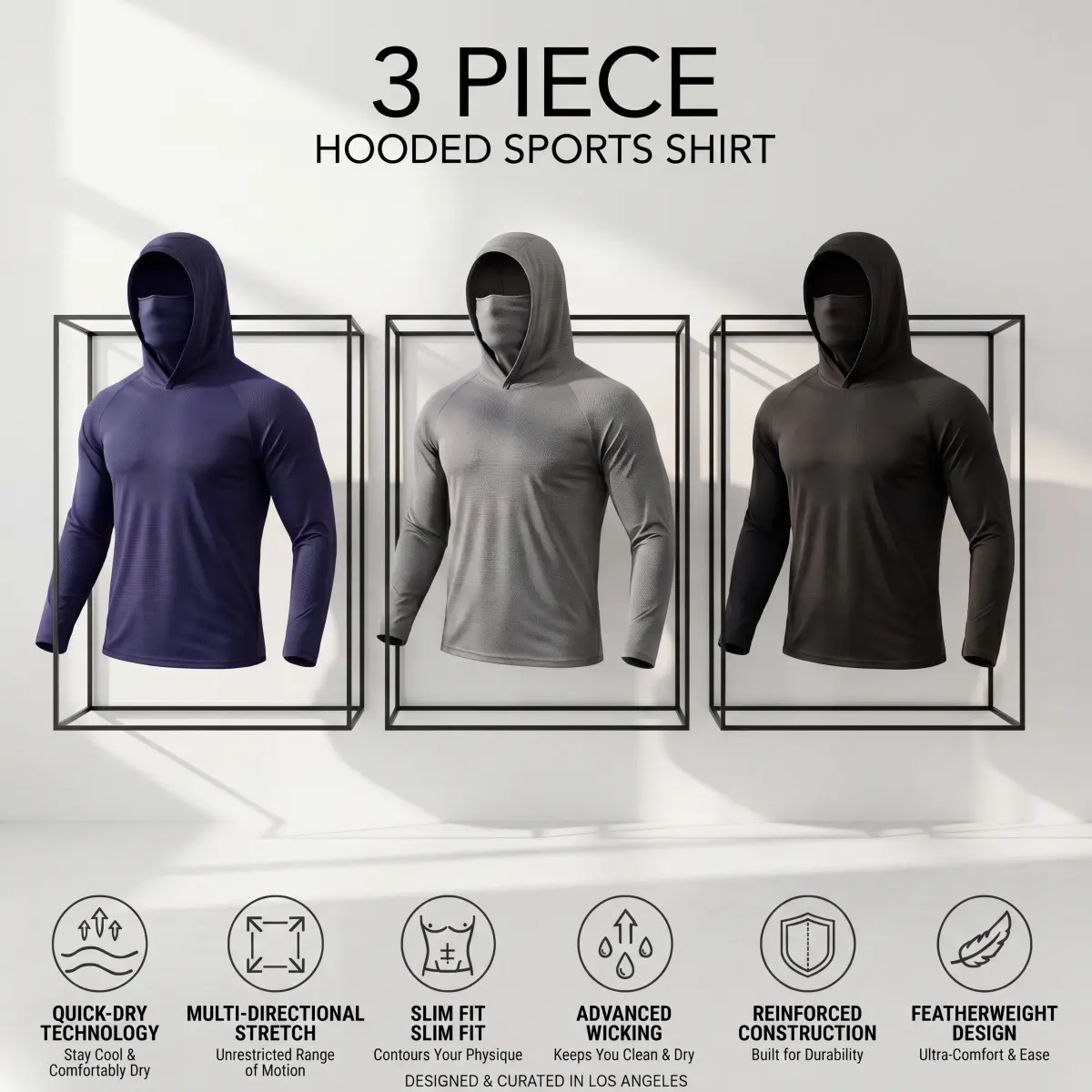 Men's 3-Pack Ice Silk Quick Dry Hoodies - Built-in Face Mask, UPF50 Long Sleeve Sun Protection Compression Rash Guard Tops, Lightweight Stretch Sport Shirts for Fishing, Workout