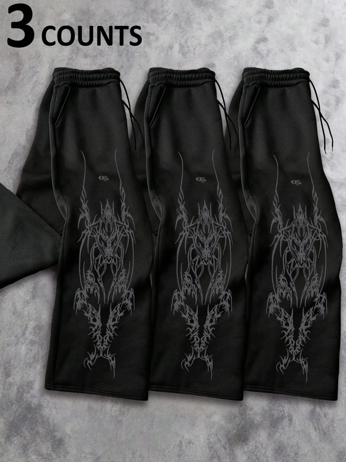 3-Pack Men's Casual Sport Pants, Gothic Pattern Print, Drawstring Wide Leg, Fitted Long Pants for Spring & Fall, Unisex Design