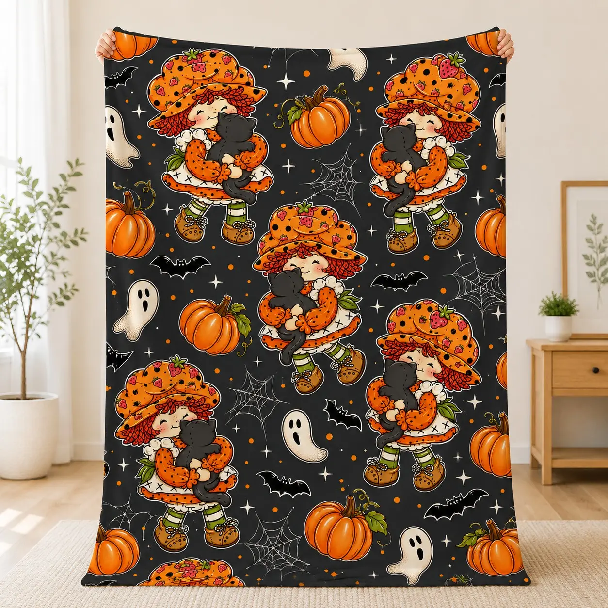 Strawberry Shortcake Halloween Flannel Blanket, Pumpkin Cat Ghost Bat Print, Soft Lightweight Cozy Throw for Sofa Bedroom Naps Gifts