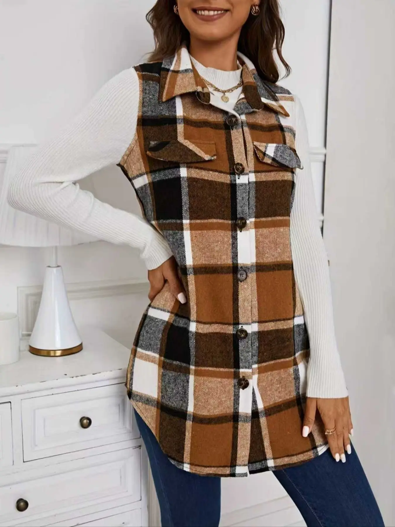 Women's Fashion Plaid Print Sleeveless Vest Jacket, Spring & Fall Casual Lapel Single Button Design, Stylish Women's Outerwear