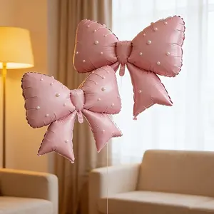 5-piece set, including 2 large pink bow aluminum foil balloons, 1 10mm semi-circular pearl, 1 roll of ribbon, 1 roll of glue, suitable for wedding, birthday, anniversary, engagement, coming of age, party balloon decoration, Balloon Decorations Kit