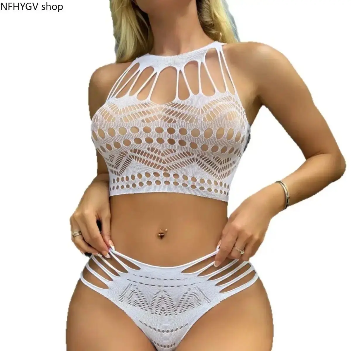 Women’s Glow-in-the-Dark Fishnet Lingerie Set, 2 Piece Hollow Knit Cami and Bottom Outfit for Beach, Pool Parties, Resort Trips and Summer Wear