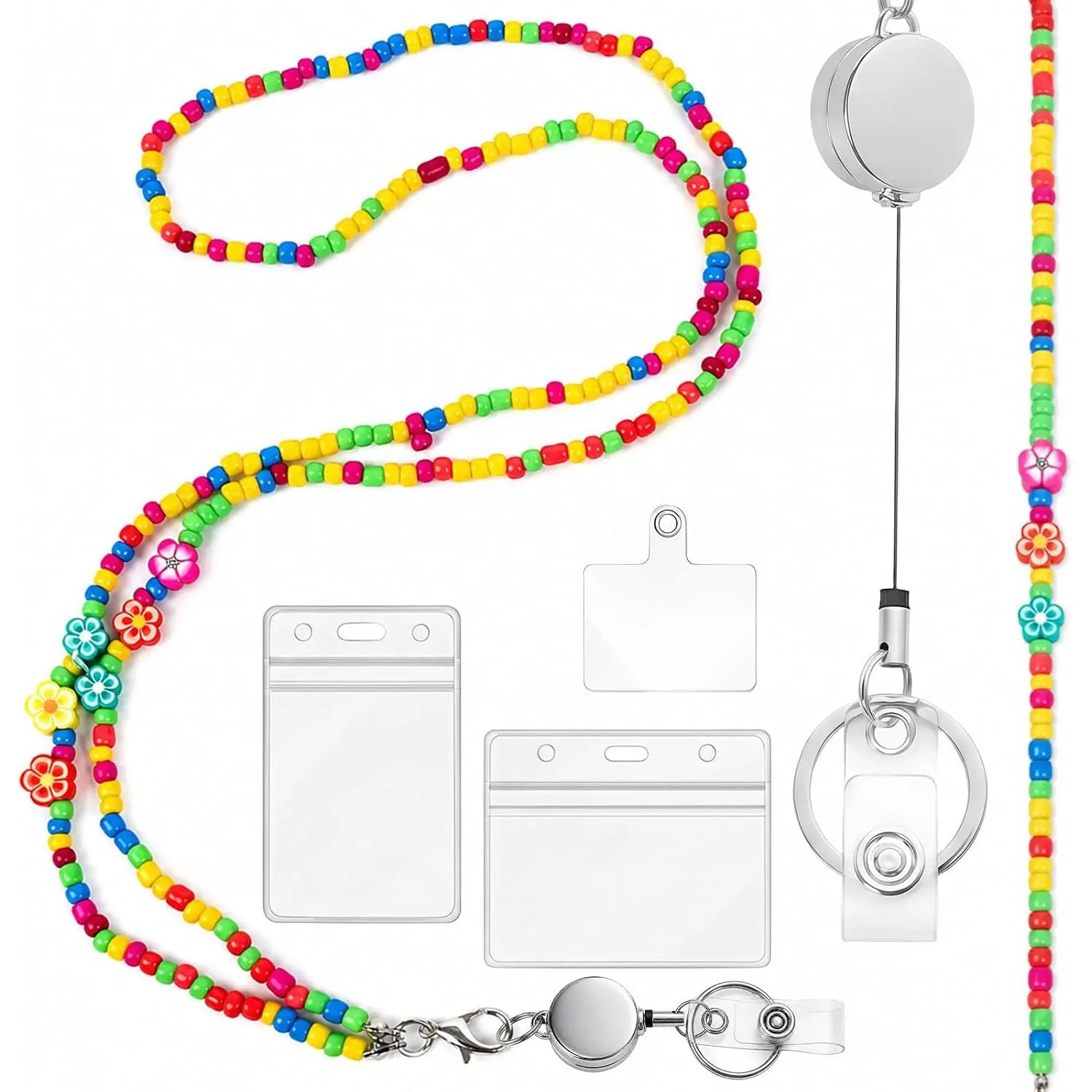 Lanyards for ID Badges - Lanyard ID Badge Holder Gifts for Teacher Woman with Boho Light Floral Style, 5 count Set Teacher Retractable Reel Card Holder
