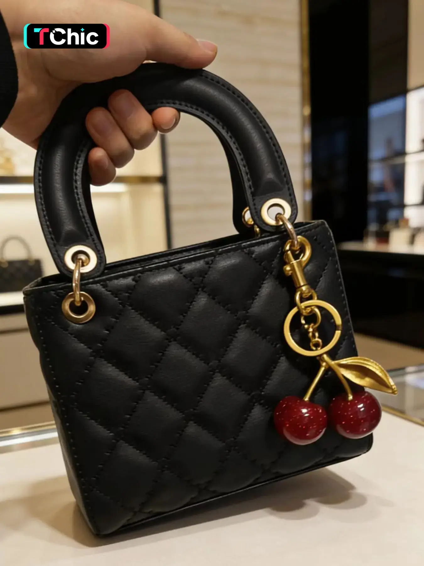 Fashion Colorblock Small Handbag, Shoulder Bag, Vintage Cherry Pendant Design, High-End Square Purse, Versatile Women's Bag
