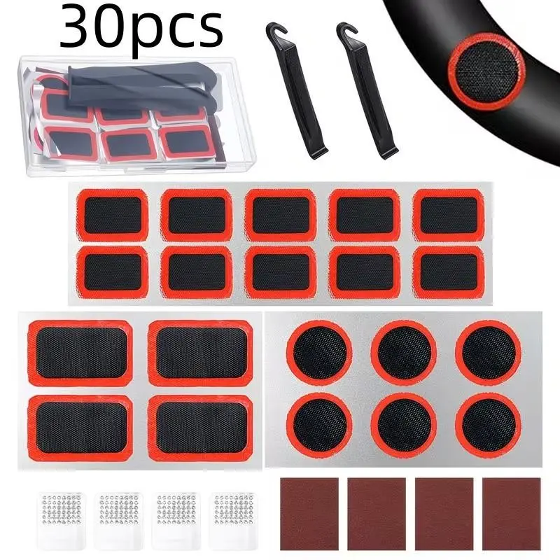30-Piece Bicycle Tire Repair Kit, Self-Adhesive Patch Set, Metal Punch Patches and Lever Tool for Bicycles and Motorcycles, Easy and Efficient