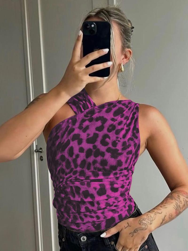 Women's Leopard Print Asymmetrical Neck Ruched Mesh Bodysuit, Fashion Casual Sleeveless Bodysuit for Summer, Ladies Clothes for Holiday Party Club