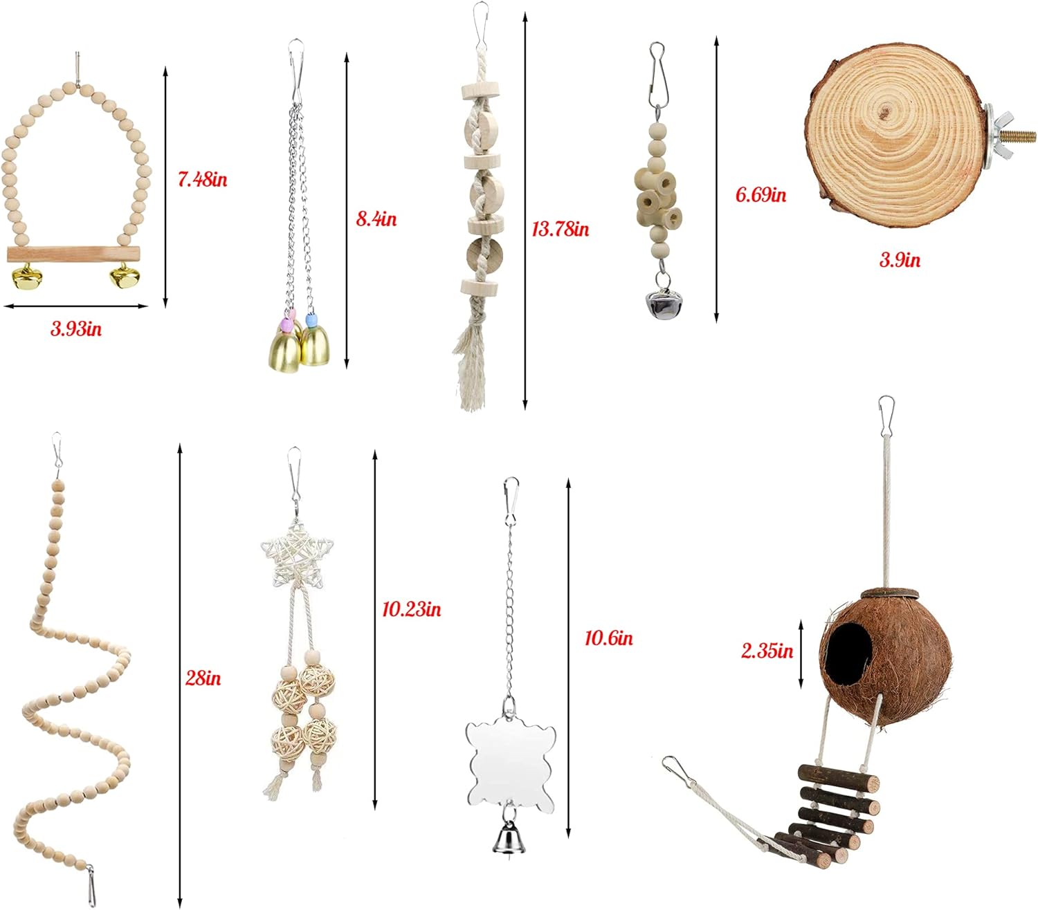 9-Piece Parrots Chewing Toy Set - Natural Wood & Rope Bungee Toys for Anchovies, Coconut Hideaway with Ladder, Bird Perch Stand, Cage Accessories for Parakeets, Cockatiel, Conure, Mynah, Macaw 9-Piece Parrots Chewing Toy Set - Natural Wood & Rope Bungee Toys for Anchovies, Coconut Hideaway with Ladder, Bird Perch Stand, Cage Accessories for Parakeets, Cockatiel, Conure, Mynah, Macaw