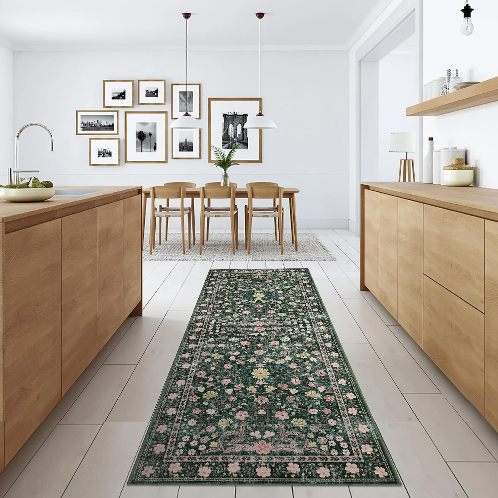 GARVEE 2'x6' Runner Rug Retro Mottled Flowers Boho Design Non-Shedding Easy Care Washable Low Pile Carpets for Bedroom Entryway Office Dining Table Green