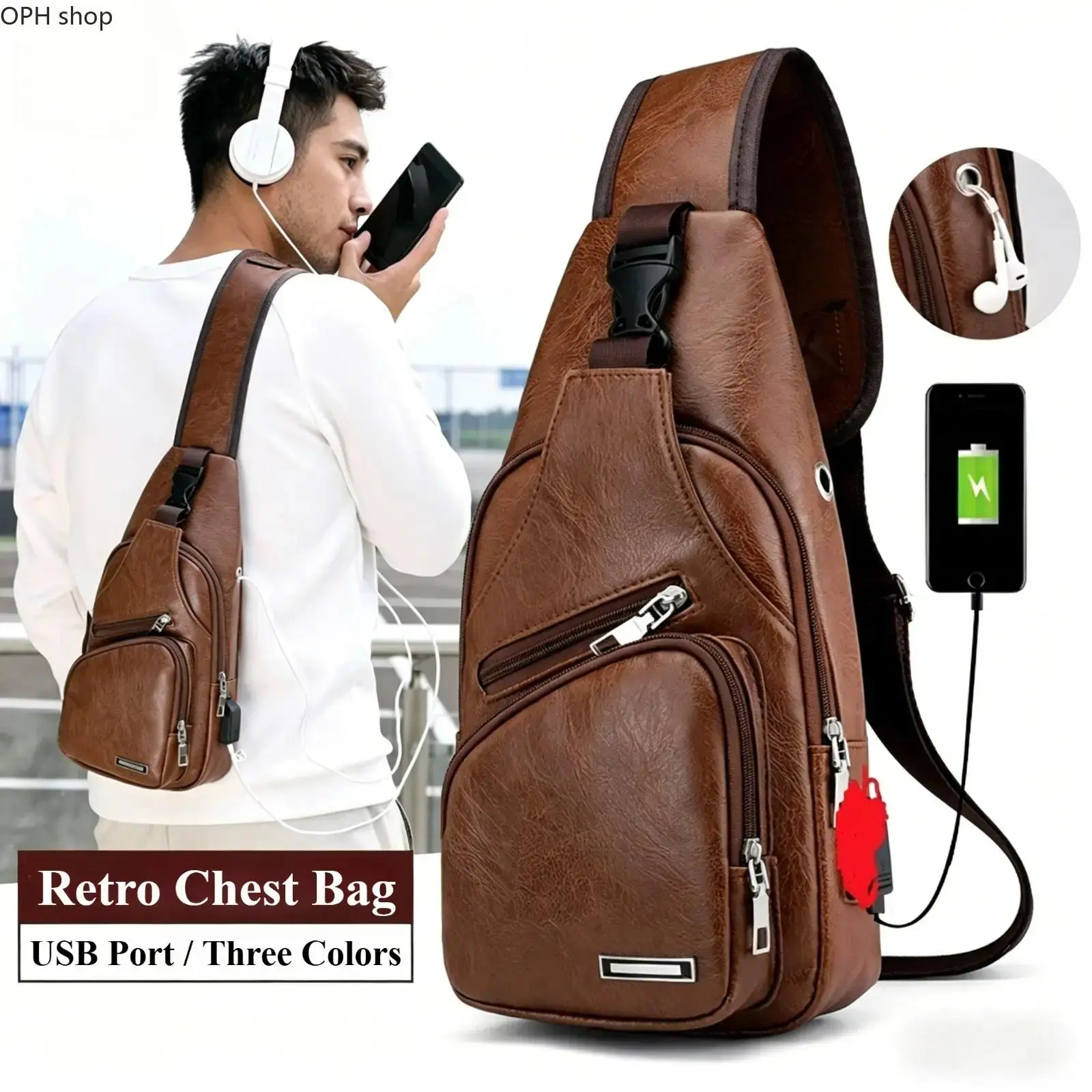 Men's Casual Belt Bag, Synthetic PU Leather Bum Bag with USB Charging Port, Water-Resistant and Lightweight for Travel & Work, Multifunctional Chest Bag