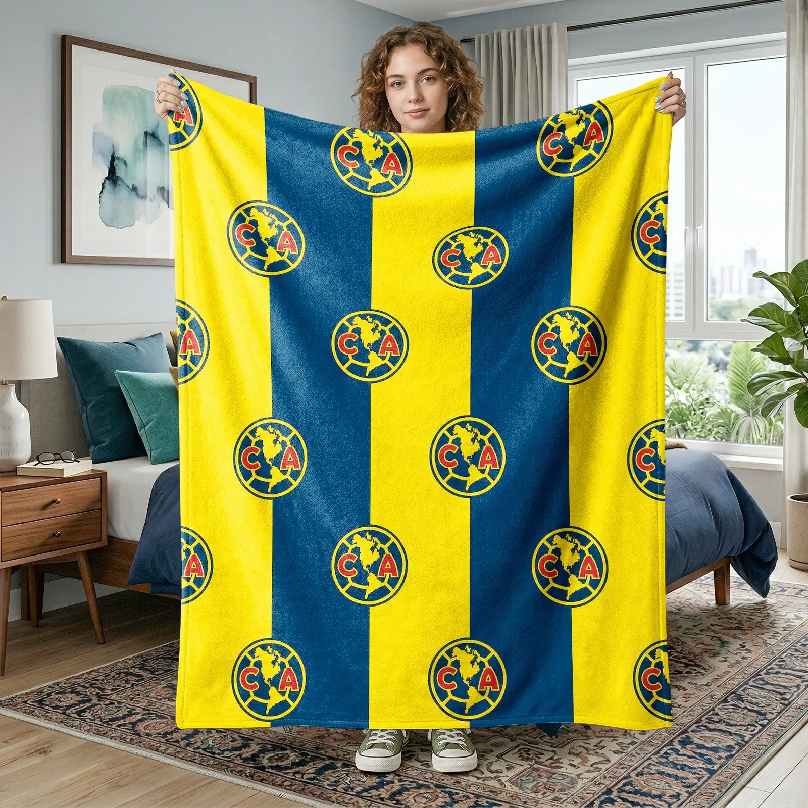 1pc Soccer Club Striped Fleece Blanket, Blue and Yellow Vertical Stripes, Circular Team Crest, Vintage Sports Logo & Classic Color Print. Soft Warm Multi-use Throw for Sofa, Bed, Office, Camping, Perfect Soccer Fan Gift.