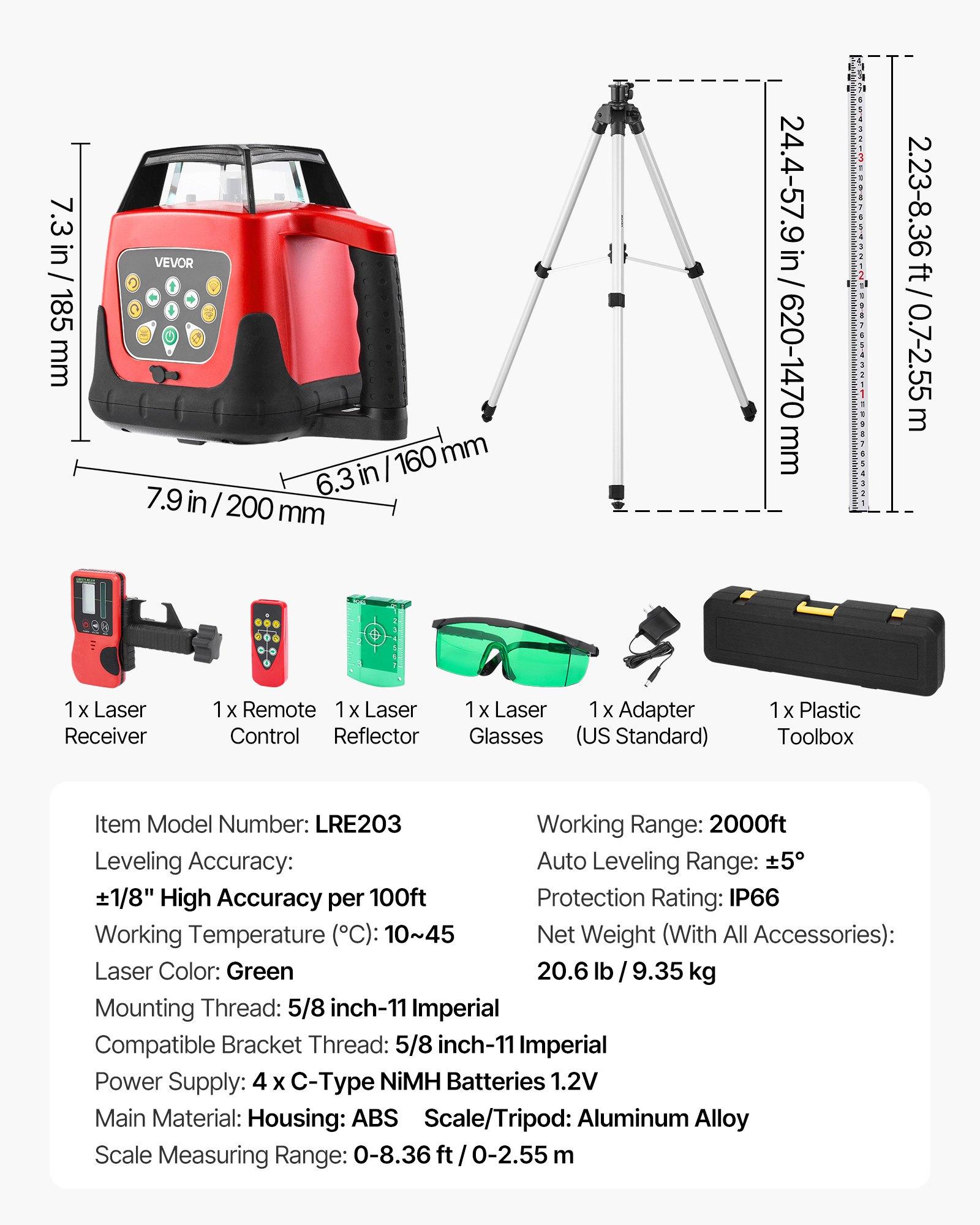 【FathersDayGift】 VEVOR Rotary Laser Leveler Tool Kit, 2000ft 360-Degree Self-Leveling Green Horizontal Laser Transit, with Tripod, Receiver, Remote Control, Scale, Toolcase, IP66 Waterproof, 0.80in/100ft Accuracy for Construction