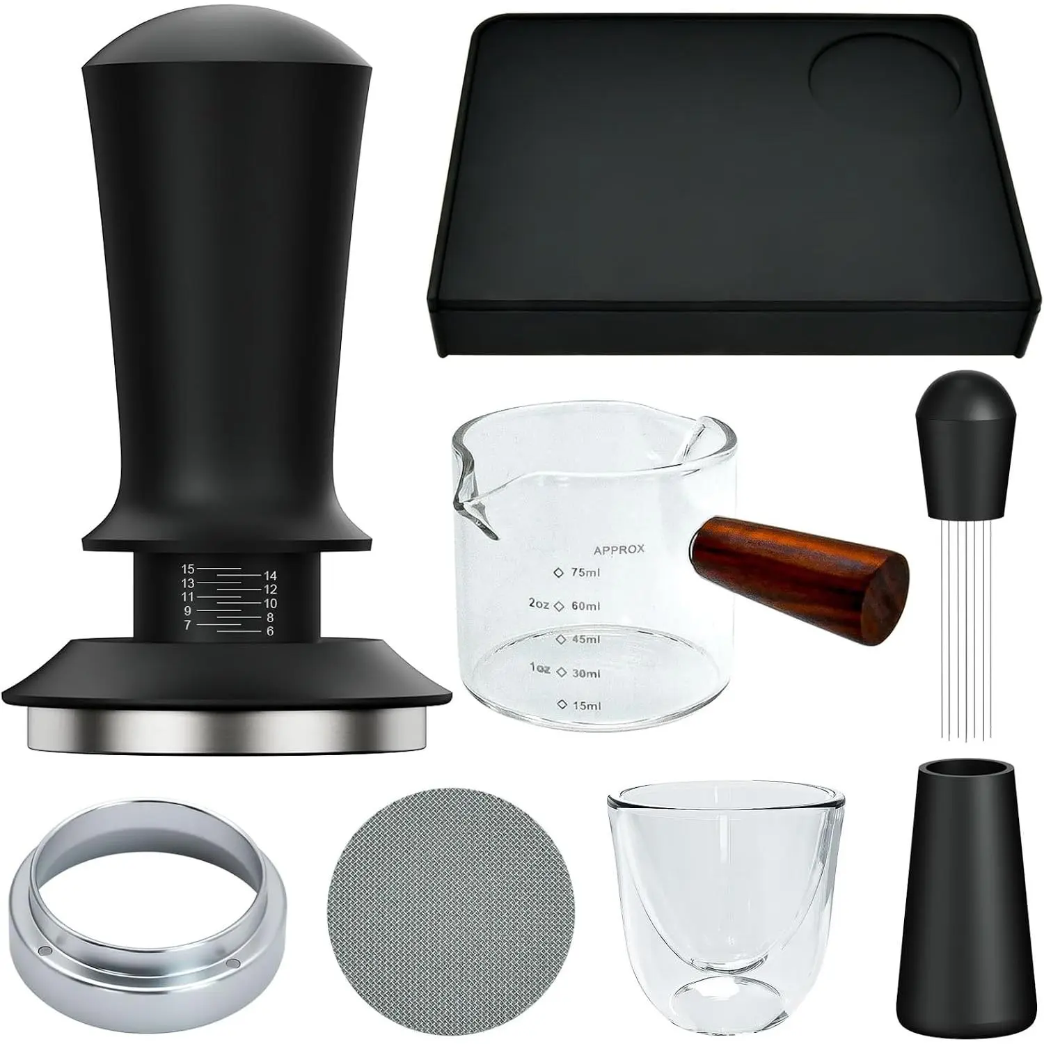 7 count 51mm Espresso Accessories Kit, Spring  Calibrated Tamper, WDT Tool, Coffee Measuring & Espresso Cup and Tamper Mat, Puck Screenr & Dosing Funnel, 51mm Espresso Machine Accessories