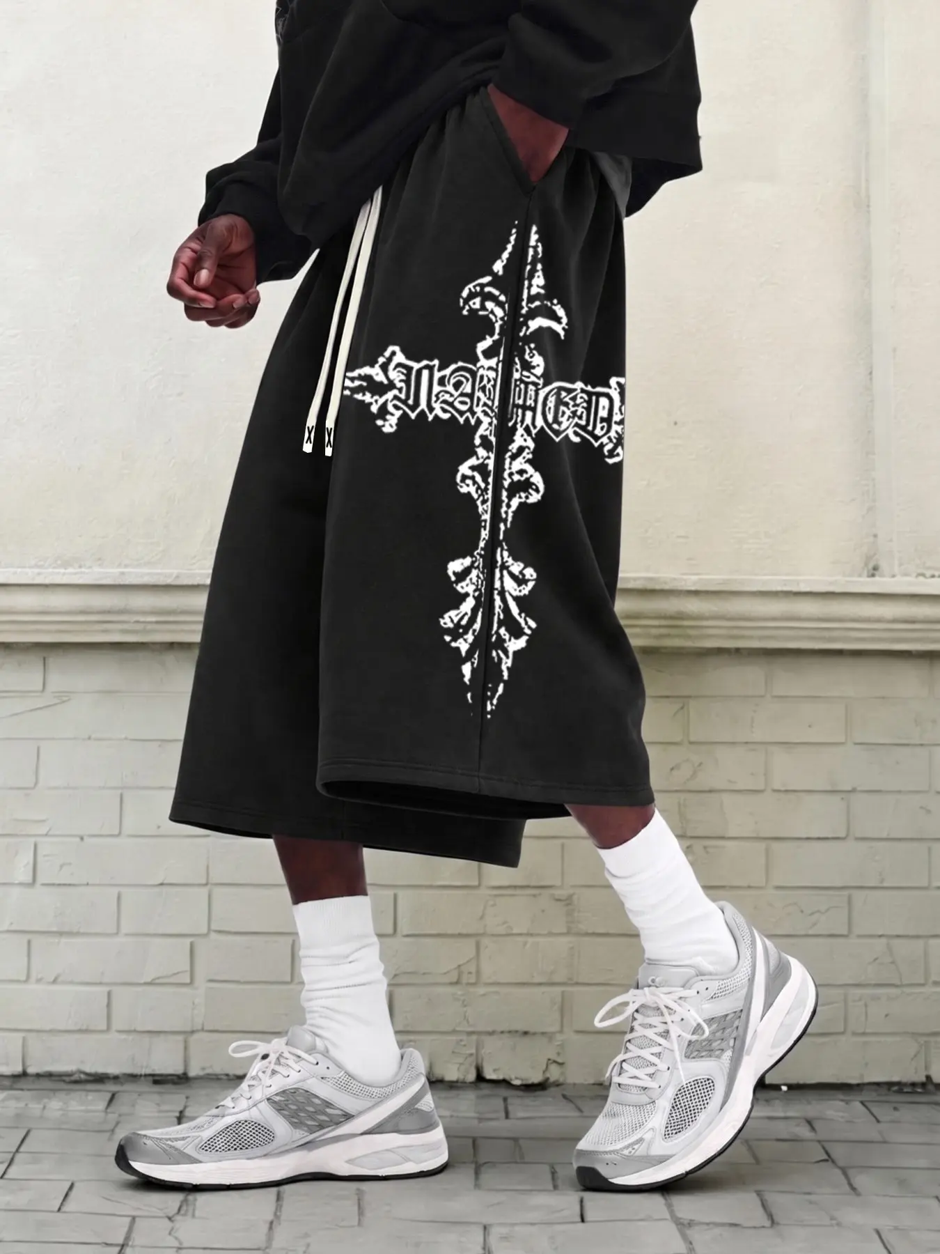 Soft Polyester Men Elastic Drawstring Gaucho Pants, Vintage Gothic Letter Print Loose Wide Leg Capri, Casual Punk Dark Street Summer Daily Bottoms, Menswear Clothing, Streetwear, Baggy Pants