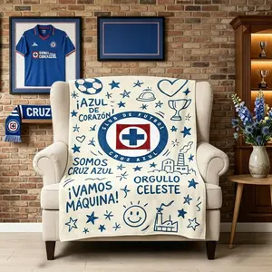 Cruz Azul Football Club Doodle Fleece Blanket, La Máquina Mexican Soccer Team Plush Throw for Fans, Blue Heart Soccer Bedding Gift