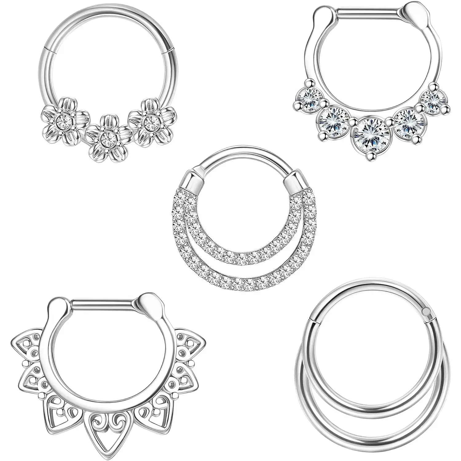 5 Pcs 16G Septum Rings, Stainless Steel Round Hoops with Floral CZ Inlay, Hinged Clicker Jewelry for Daith & Cartilage, Lead-free Safe for Unisex Daily Wear