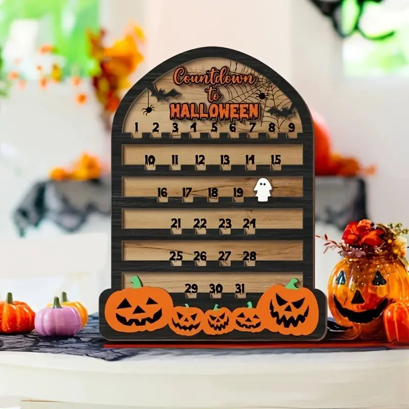 Halloween Countdown Calendar Board, Slide Date Halloween Atmosphere Desktop Decor, Home Wooden Craft, 1pc Halloween Decoration