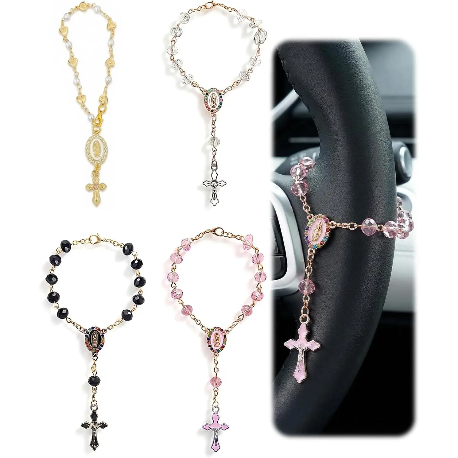4 count  Rosary for Rearview Mirror , Steering Wheel Rosary Charm  for  Accessories, Ideal Rosary Religious Catholic Gifts for Men & Women