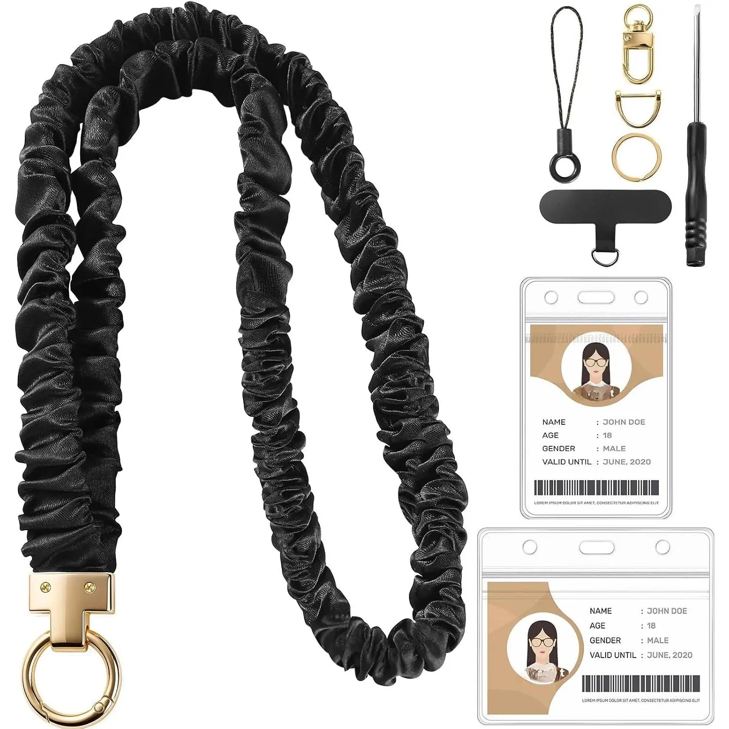 Scrunchie Lanyard with ID Holder Teacher Lanyards for Women | Stretchy satin lanyard black, teacher gifts includes  badge holders, key clip and phone tab, soft for wear