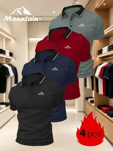 Men's Sporty Quick-Dry Polo Shirts, 4-Pack, Geometric Print, Breathable Fabric, Durable Stretch Material, Comfortable Fit