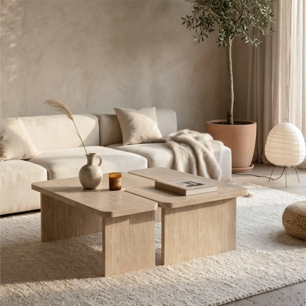 Modular Travertine Coffee Table Set of 2, Nesting L-Shaped Puzzle Center Table, Separable Side Corner Table for Apartment Small Spaces & Living Room,Cream Beige