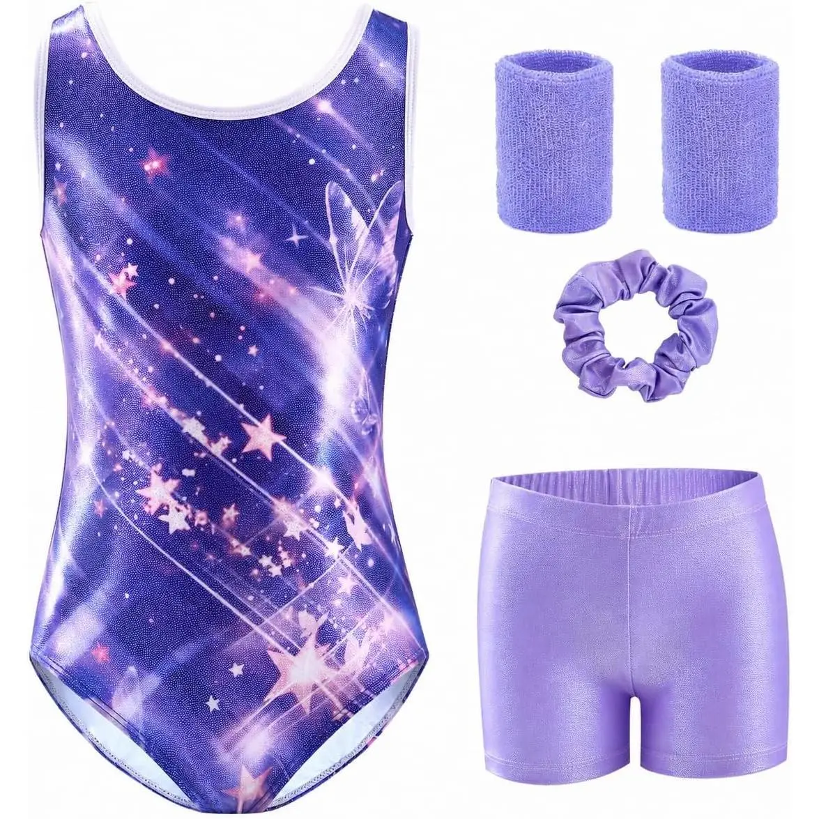 Girls' Gymnastics Leotards 5-Piece Matching Set Clothes for 3-12 Years - Sleeveless, Shorts, Matching Scrunchie, Wristbands, Stretchy Cotton Practice Wear for Tumbling