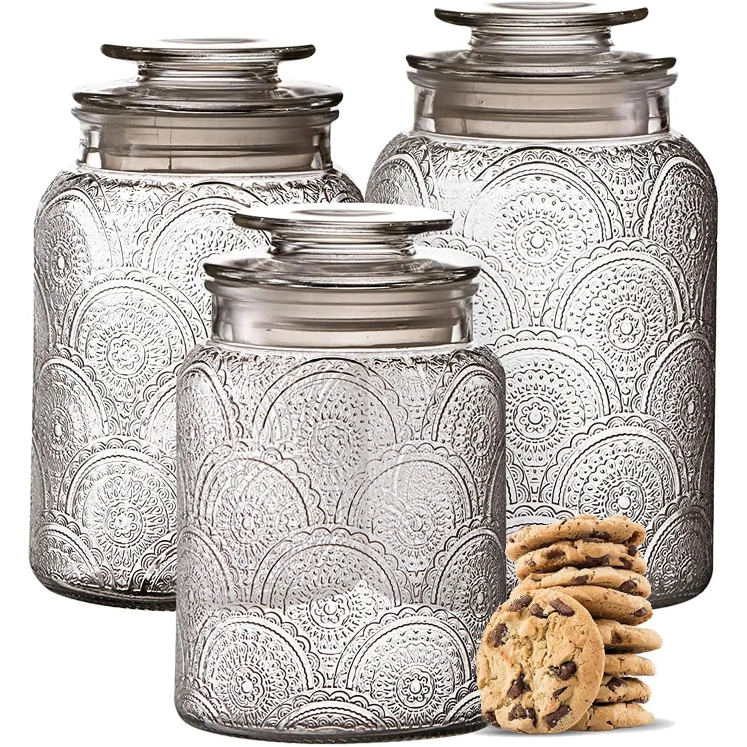 Food Storage Containers with Airtight Lids - Retro Design - Pantry Organization, Glass Canisters Storage for Cookies, Tea, Sugar, Candy Jars, Sugar Packet, Set of 3