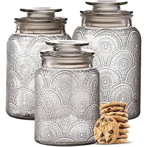 Food Storage Containers with Airtight Lids - Retro Design - Pantry Organization, Glass Canisters Storage for Cookies, Tea, Sugar, Candy Jars, Sugar Packet, Set of 3