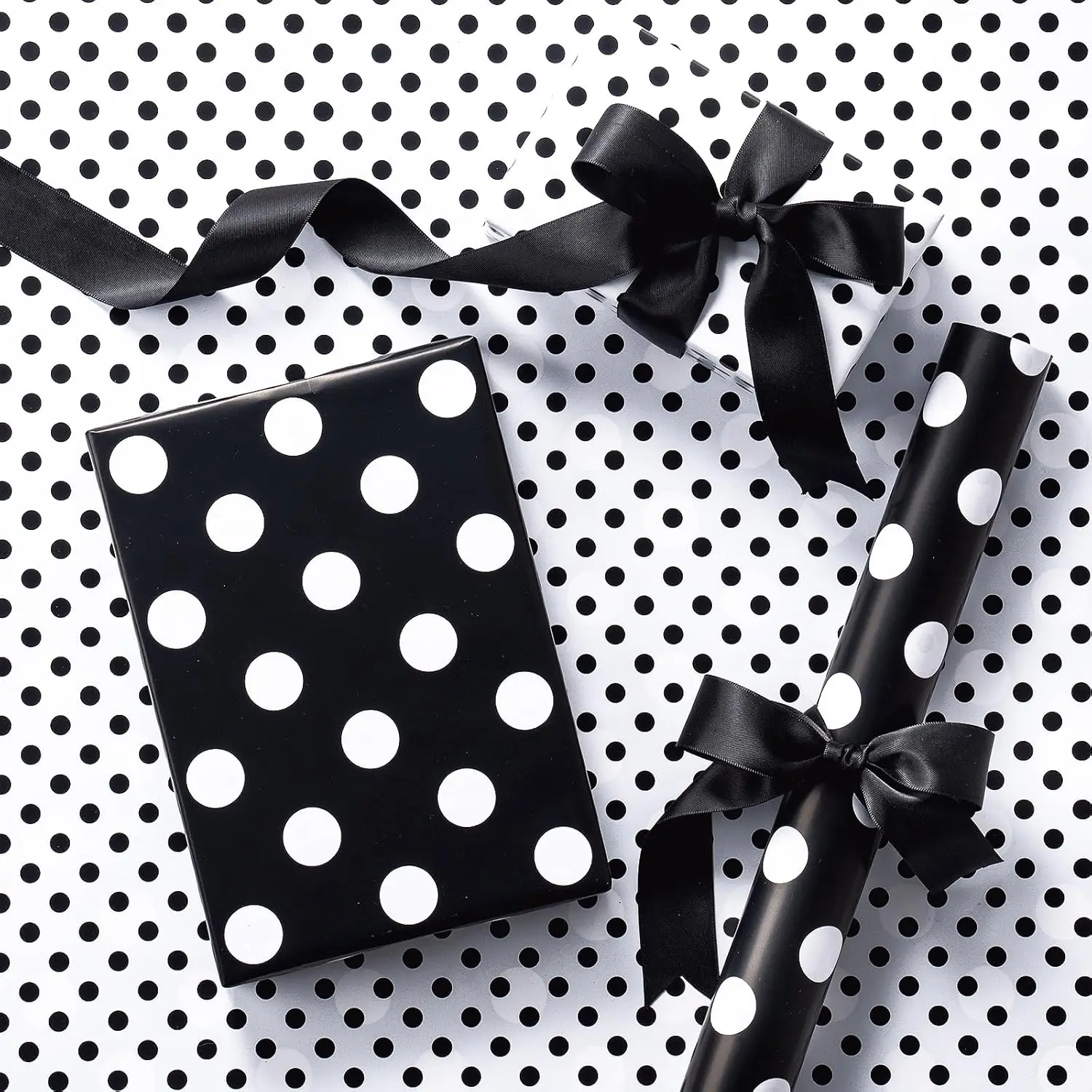 RUSPEPA Reversible Polka Dot Wrapping Paper, Mini Roll, Black and White Large & Small Dots Design, Modern Minimalist Gift Wrap Paper for Birthday, Baby Shower, Wedding, Party, 17 Inches x 16.4 Feet