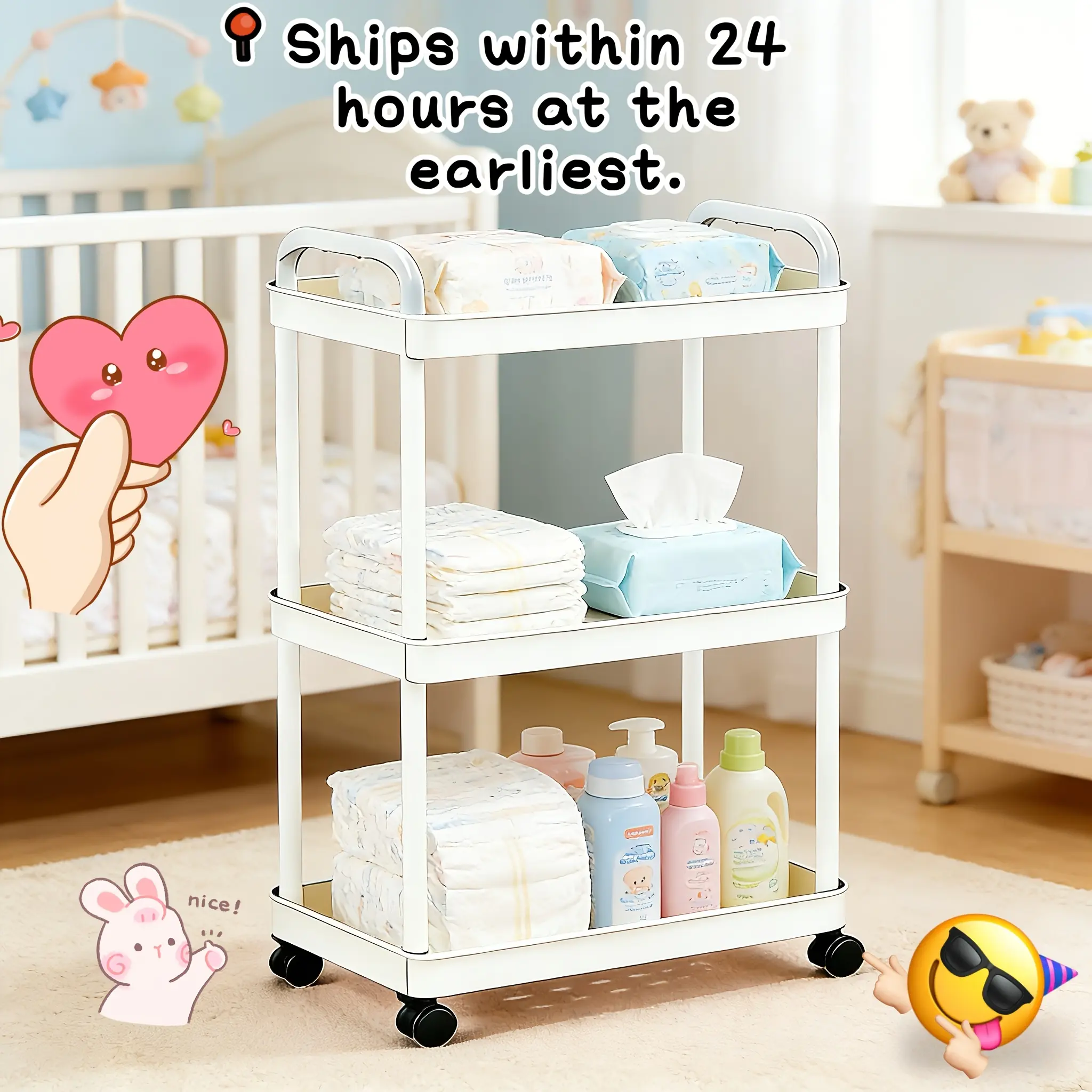 Mobile Multi-Layer Storage Rack, Diaper And Wipes Storage Cart