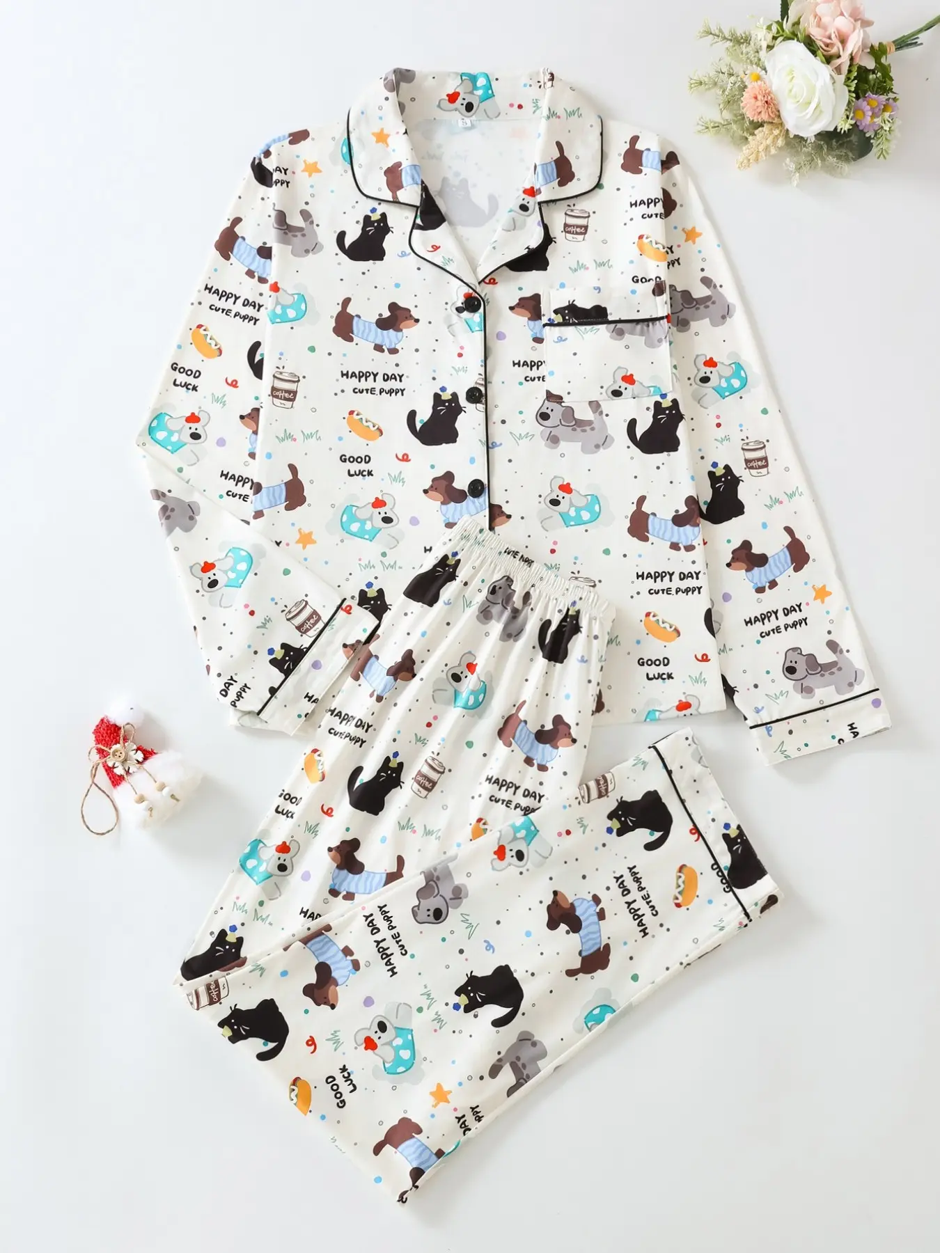 Women's Spring Summer Cartoon Dog Print Pajama Set, Button Front Long Sleeve Pants, Soft Knit Fabric, Fitted Leisure Home Wear