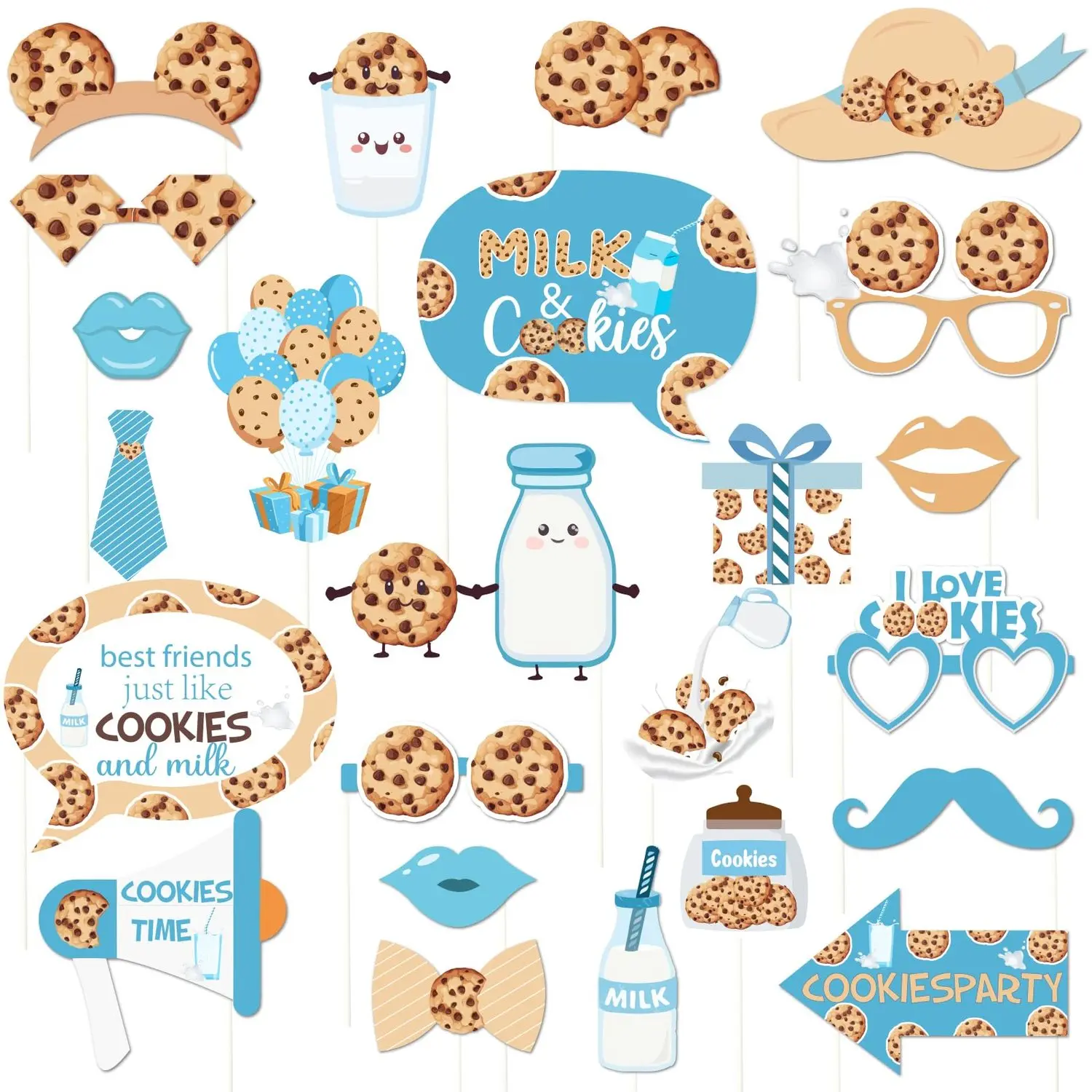 1Set Milk and Cookies Party Decorations 24PCS Milk and Cookies Theme Photo Props One Sweet Cookie 1anniversary Birthday Decorations Chocolate Chip Cookie Baby Shower Party Supplies