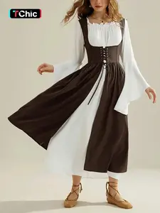 Women's Medieval Renaissance 2 Piece Dress Set Flare Sleeve Off Shoulder Blouse & Corset Style Overdress Lace Up Waist Maxi Length Vintage Style