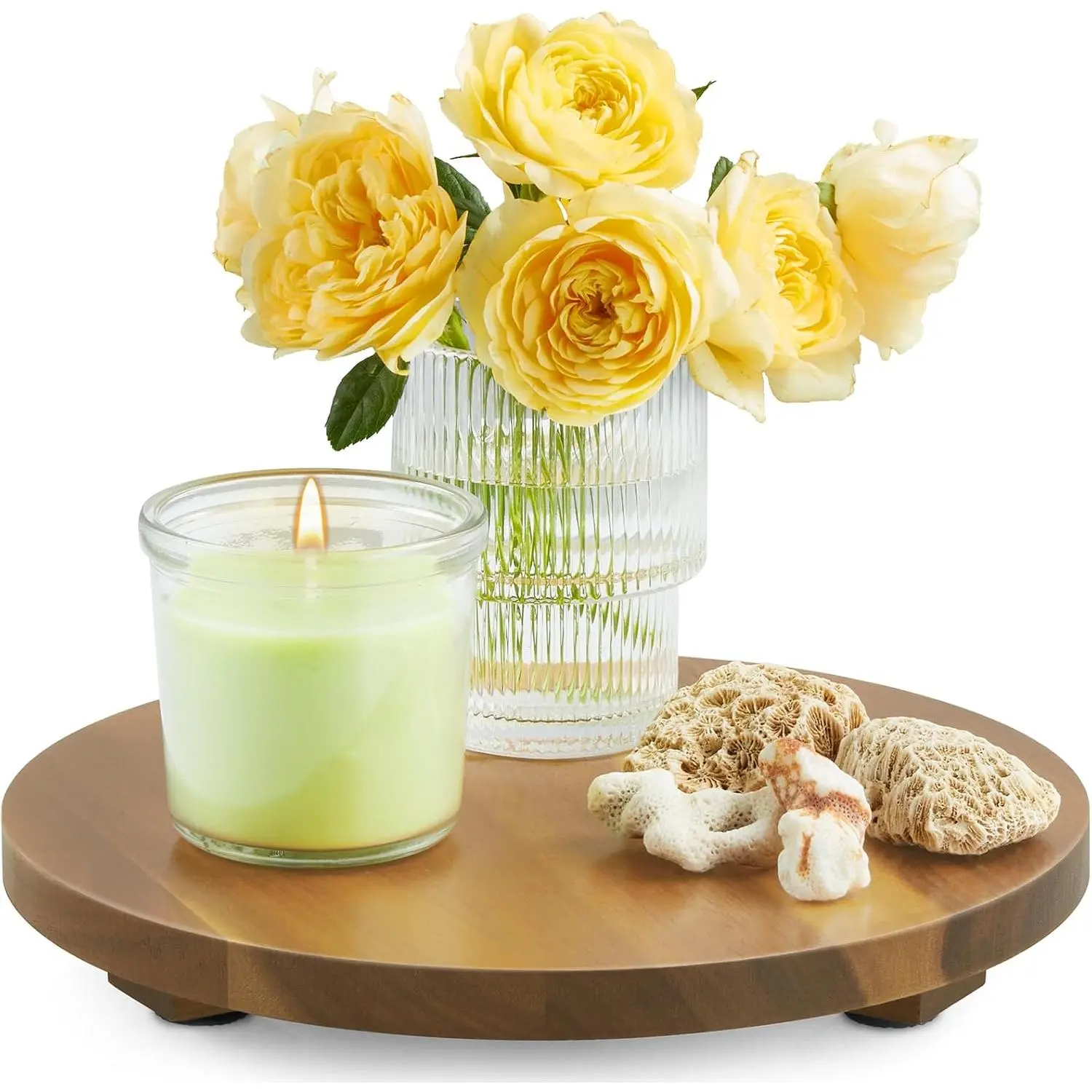 Small Round Decorative Tray Acacia  Bathroom Counter Organizer Pedestal Stand  Kitchen Decor Wooden Riser for Soap Dish, Perfume, Candle, Sponge, 9"