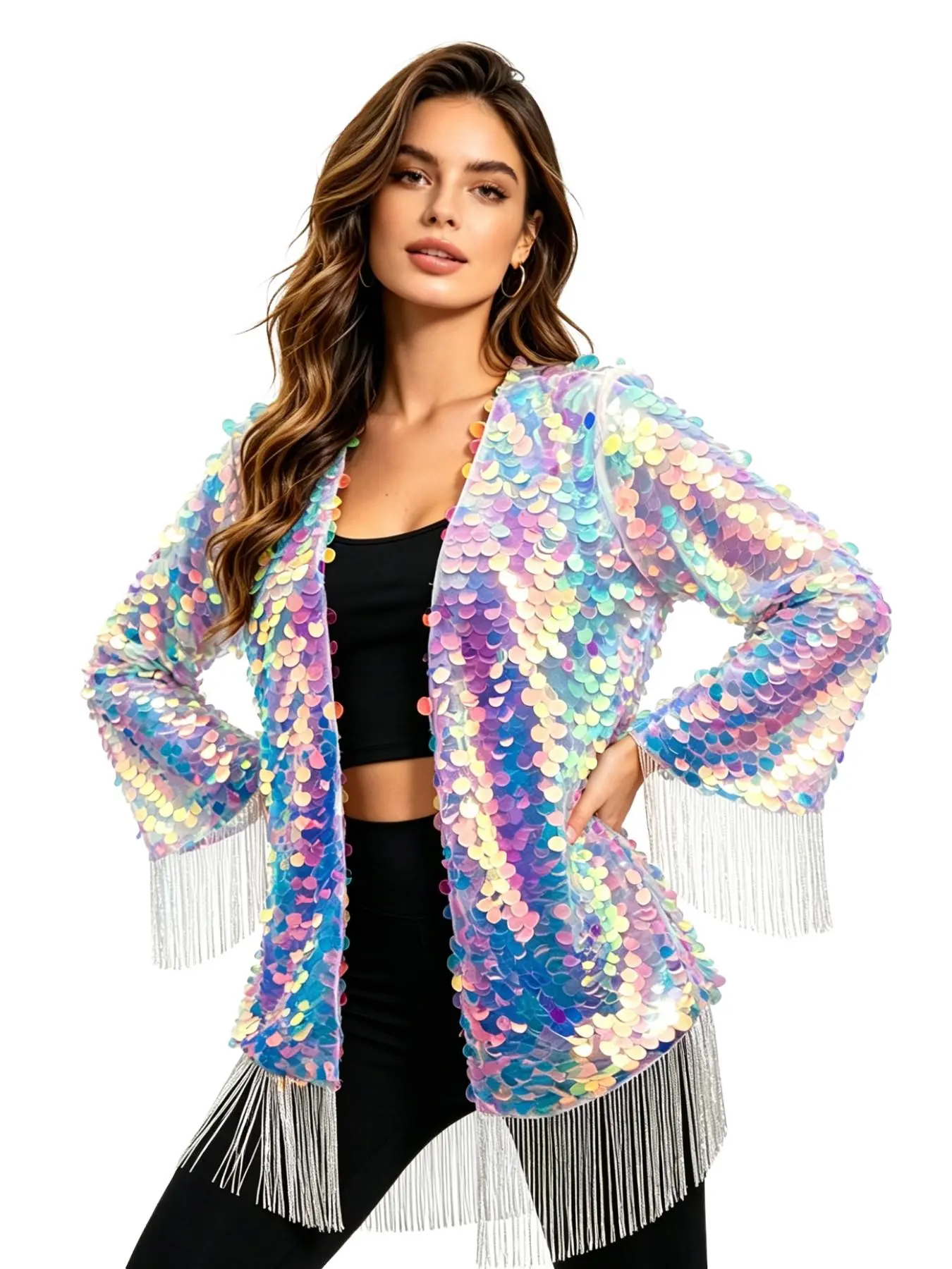 Women's Rainbow Sequin Fringe Open Front Loose Baggy Long Sleeve Shiny Party Festival Coat, Stylish Evening Wear, Perfect for Special Occasions, Clothes